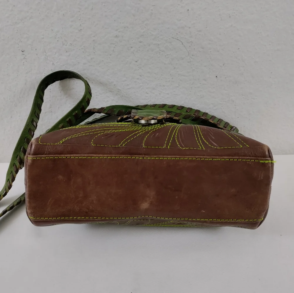 COPY - Leathers In Leather Vintage Contrast Cross Stitch Tooled Leather Crossbo…